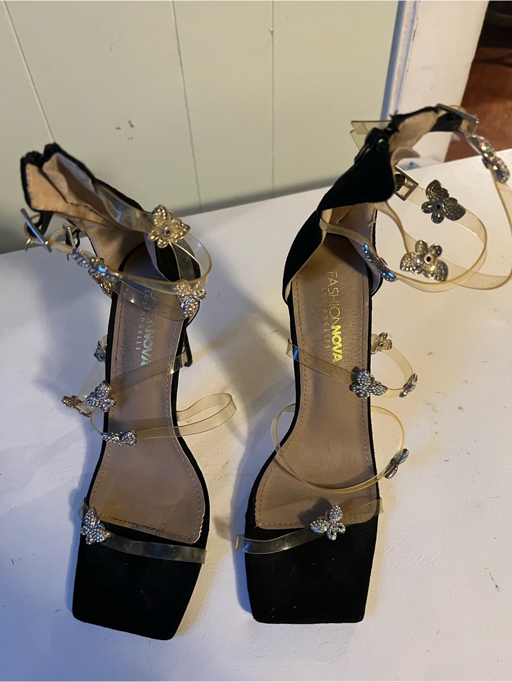 Fashion Nova Black Heels with Clear Embellished Straps. Sexy classy night or day